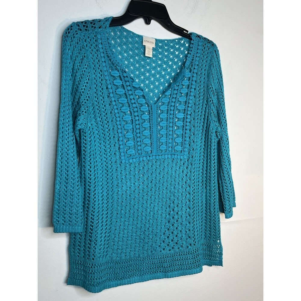 Chicos sz M 1 Blue Teal Crochet Knit Beach Breezy